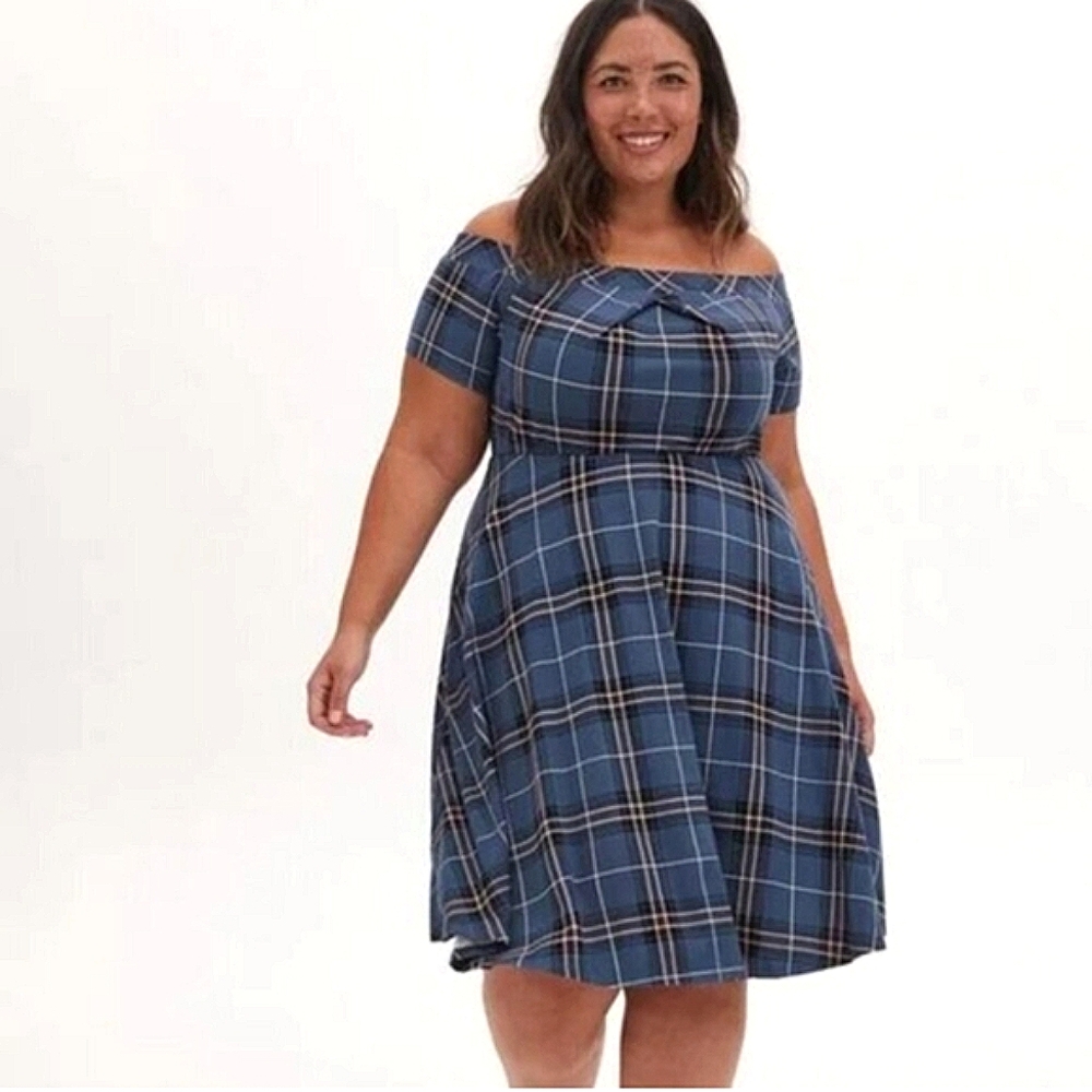 Torrid Blue Plaid Off-Shoulder Dress